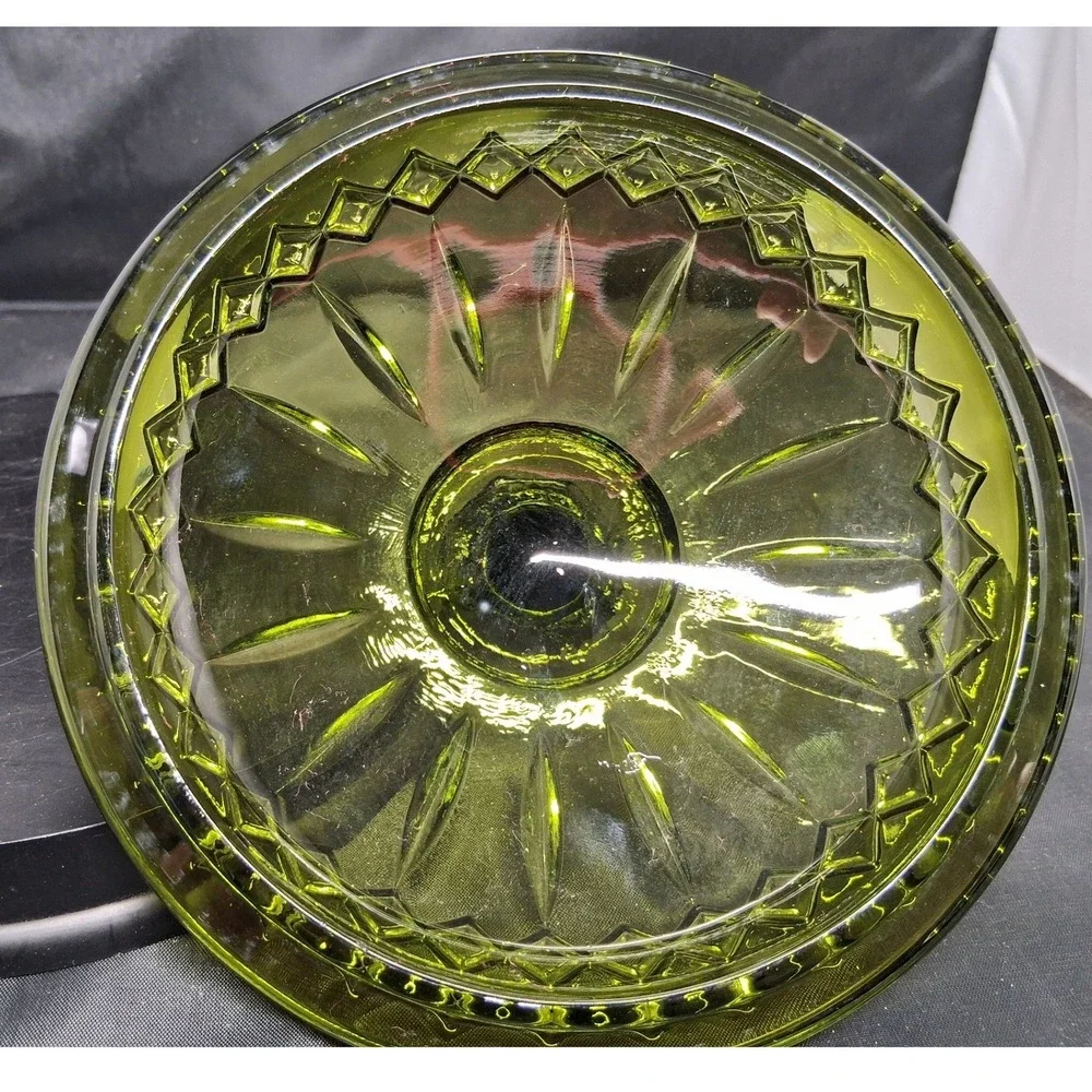 Vintage Olive Green Pressed Glass Candy Dish Lid Diamond Point Thumbprint Jar